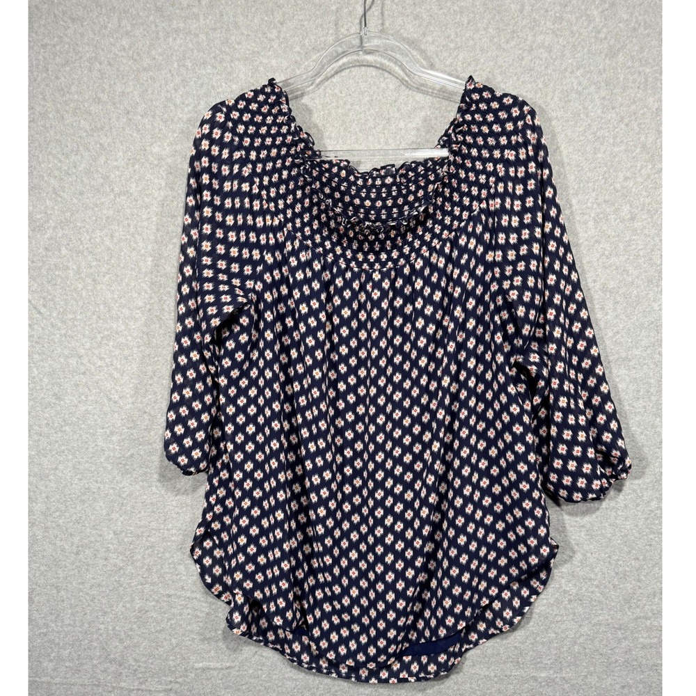 Michael Kors Smocked Neck Blouse‎ 3/4 Sleeve Floral Print Top XL